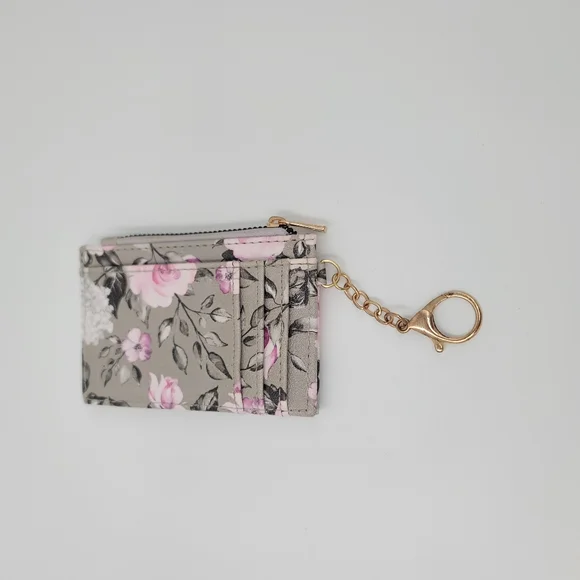 Rampage Floral Gray & Pink Card Holder Keychain ID Card Holder Zip Up Coin Purse - Picture 5 of 11